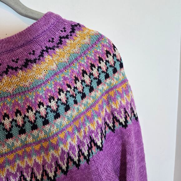 Christopher & Banks Fair Isle Pullover Sweater Size L Purple Yoke Cotton Blend - Picture 4 of 8